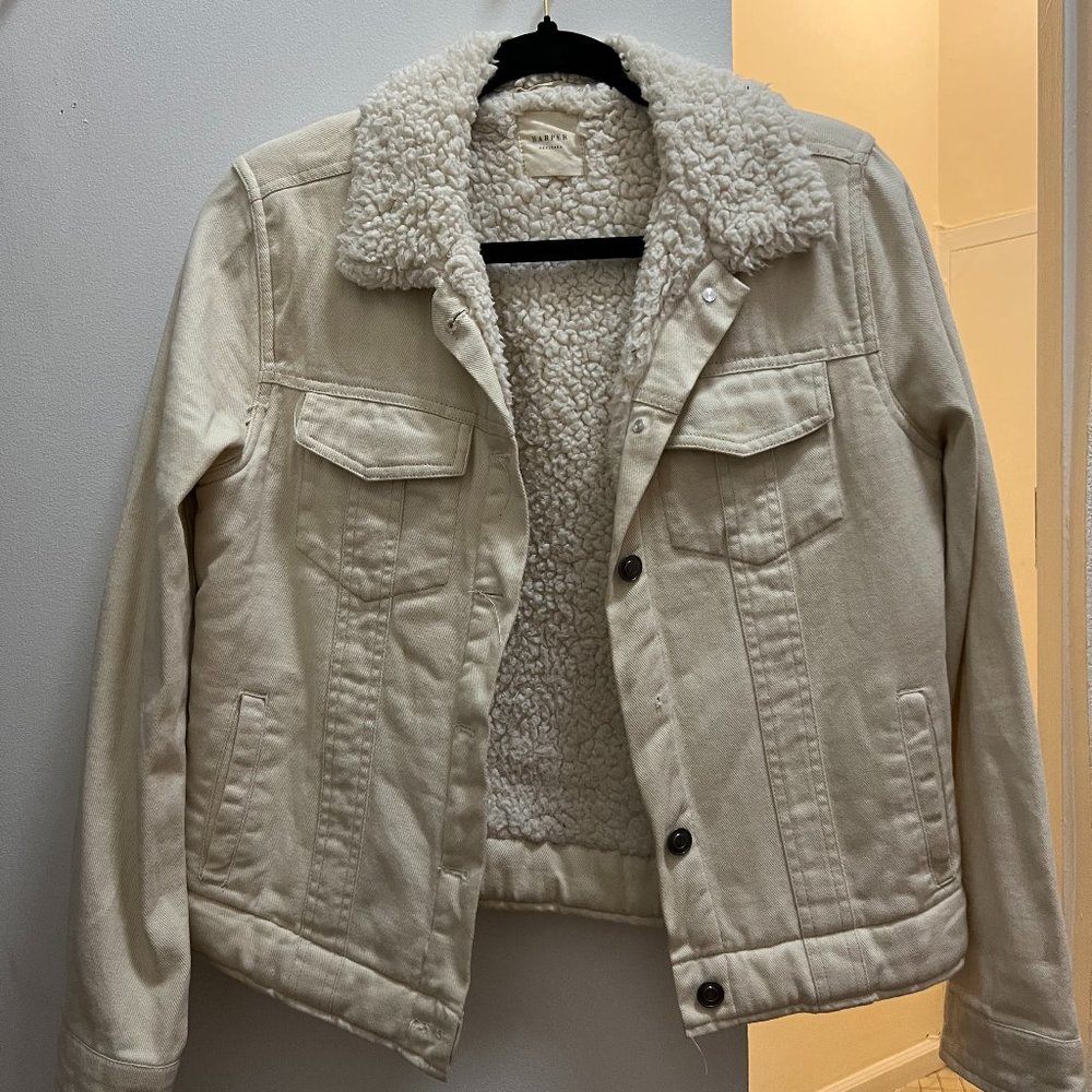 Francesca's Harper Heritage Ivory Sherpa Denim Jean Jacket - SIZE S